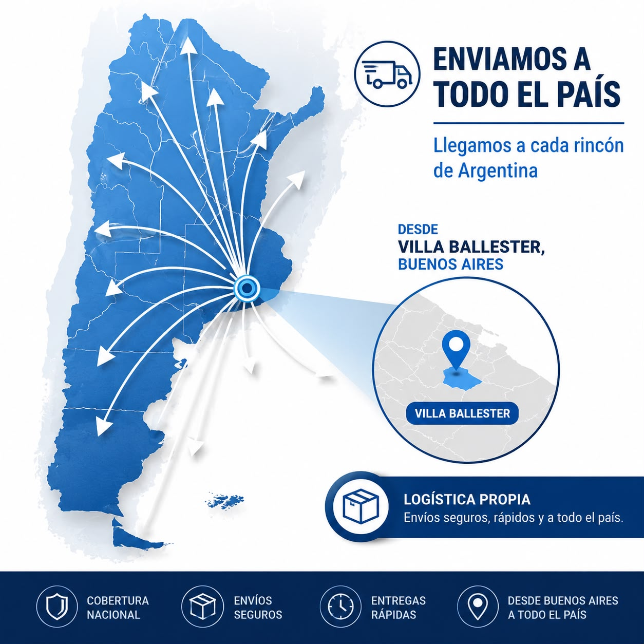 Mapa de Argentina con envíos desde Villa Ballester hacia todo el país